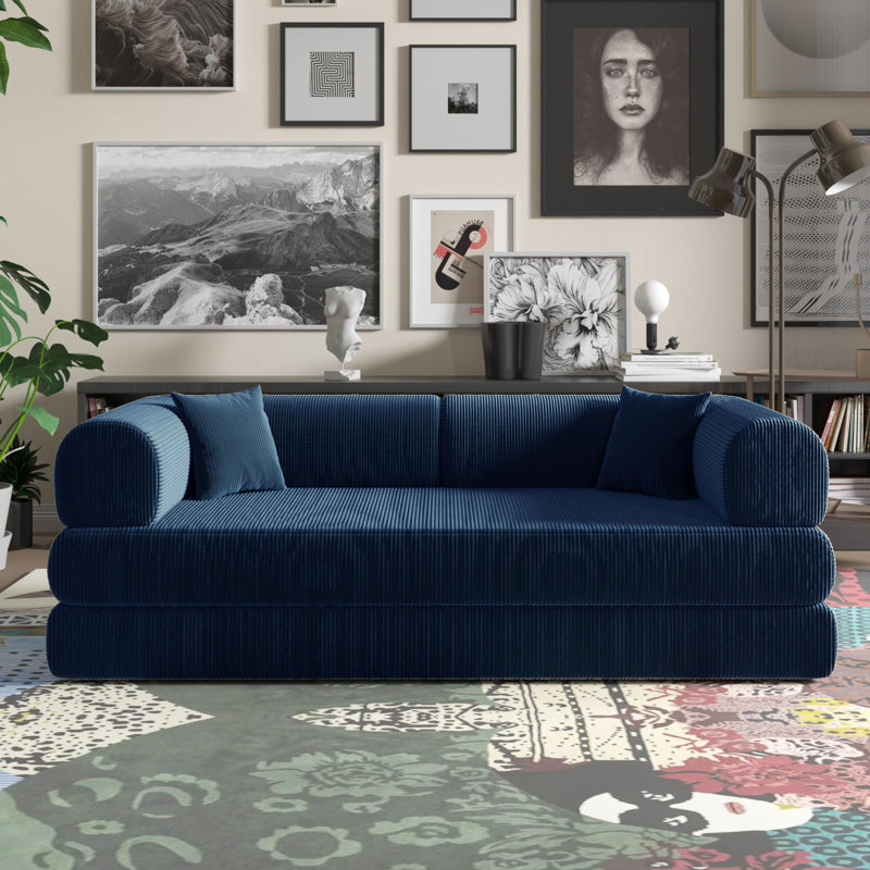 Canapé-lit convertible moderne pliable (avec 2 coussins décoratifs) Jairden Corduroy Boneless 3-en-1, Bleu