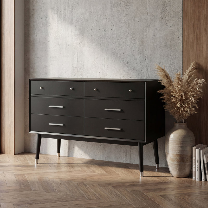 Zack 6 Drawer Wood Dresser, Black/Silver