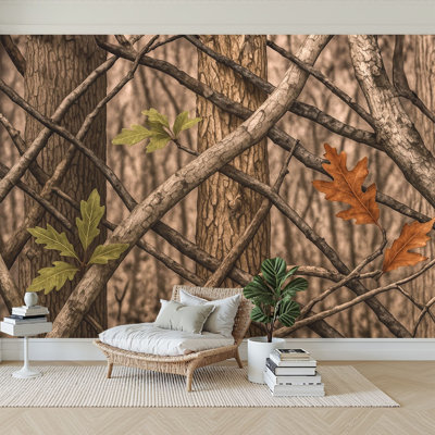 3D Wallpaper Forest Camouflage Trees Branches Green Brown Oak Leaves for Hunting Wall Mural Self Adhesive Peel and Stick Wallpaper for Bedroom Living Room Dormitory Home Decor Wall Ceiling Wardrobe Sticker