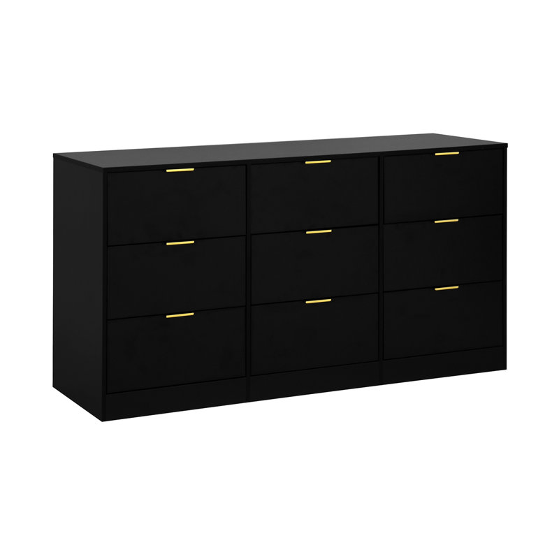 Commode 9 tiroirs noire, grande commode profonde de 63 po, commode en bois avec 9 tiroirs pour la chambre à coucher, commodes longues pour le salon, couloir