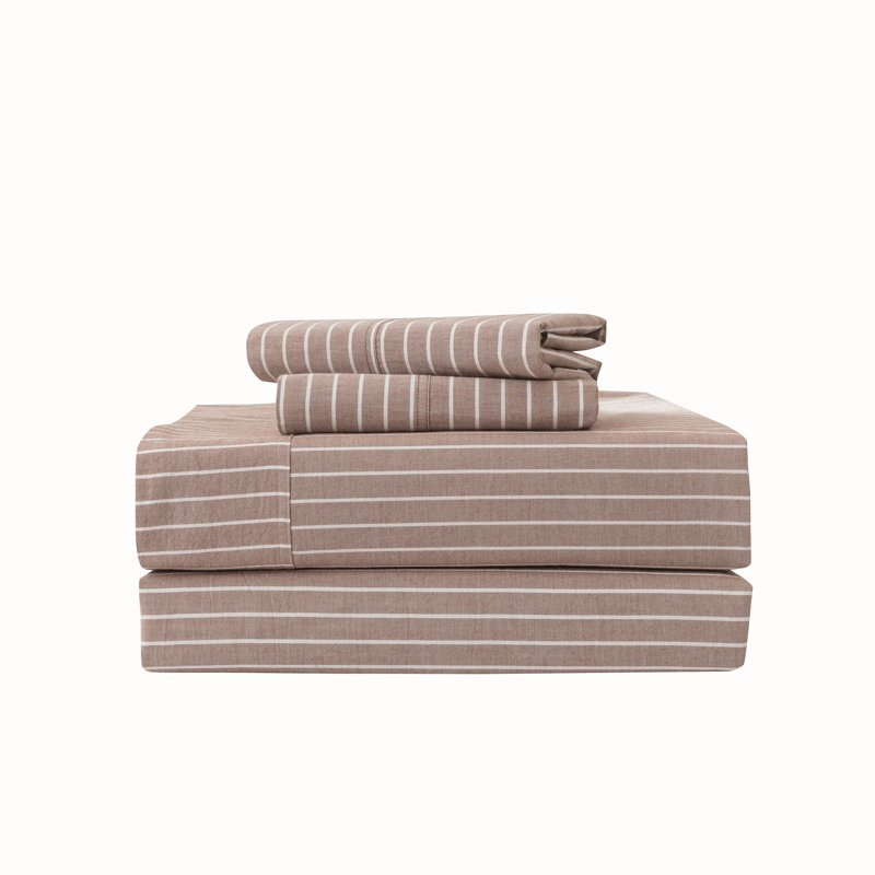 MooMee Striped Sheet Set 100% Washed Cotton Linen Like Textured Breathable Lightweight, Queen Sheet Set with 2 Pillowcases