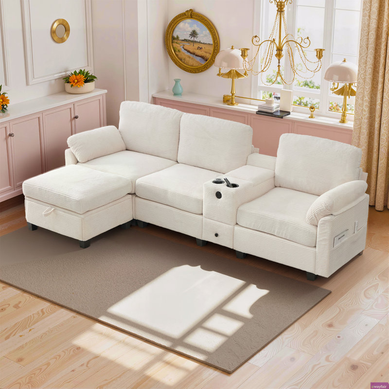 Naomi 104.72"W Modular Corduroy Sectional, LAF, RAF, Console Box, USB Charge, Cup Holders, Storage Ottoman, Beige