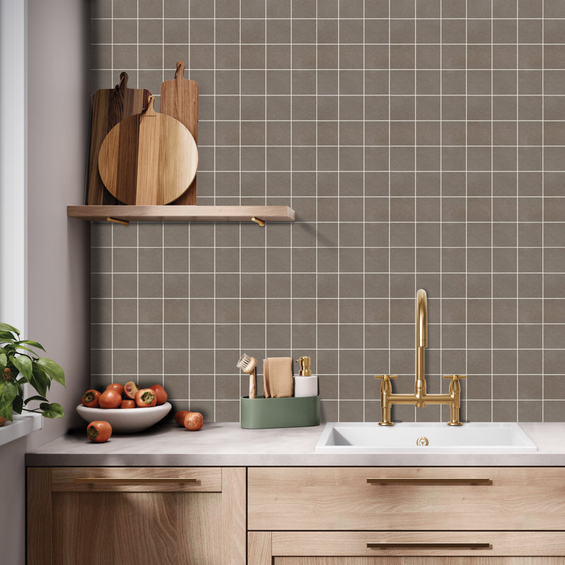 Literary License 3'' W x 3'' L Porcelain Concrete Look Tile Grid Mosaic Sheet, Straw
