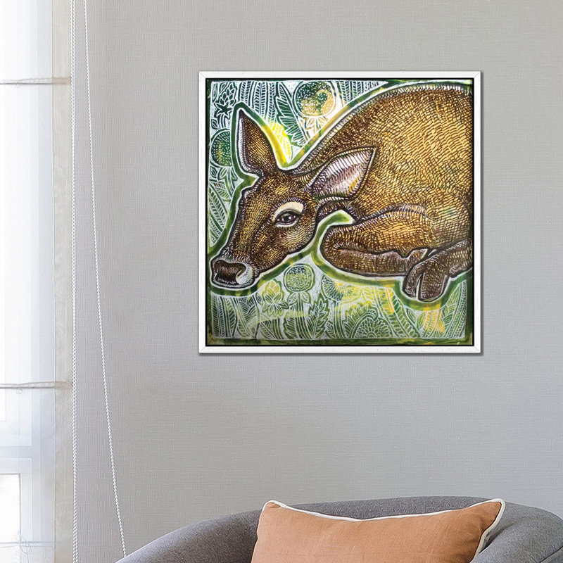 Resting Deer by Lynnette Shelley - Painting on Canvas, White Framed, 66.04cm H x 66.04cm W x 3.81cm D
