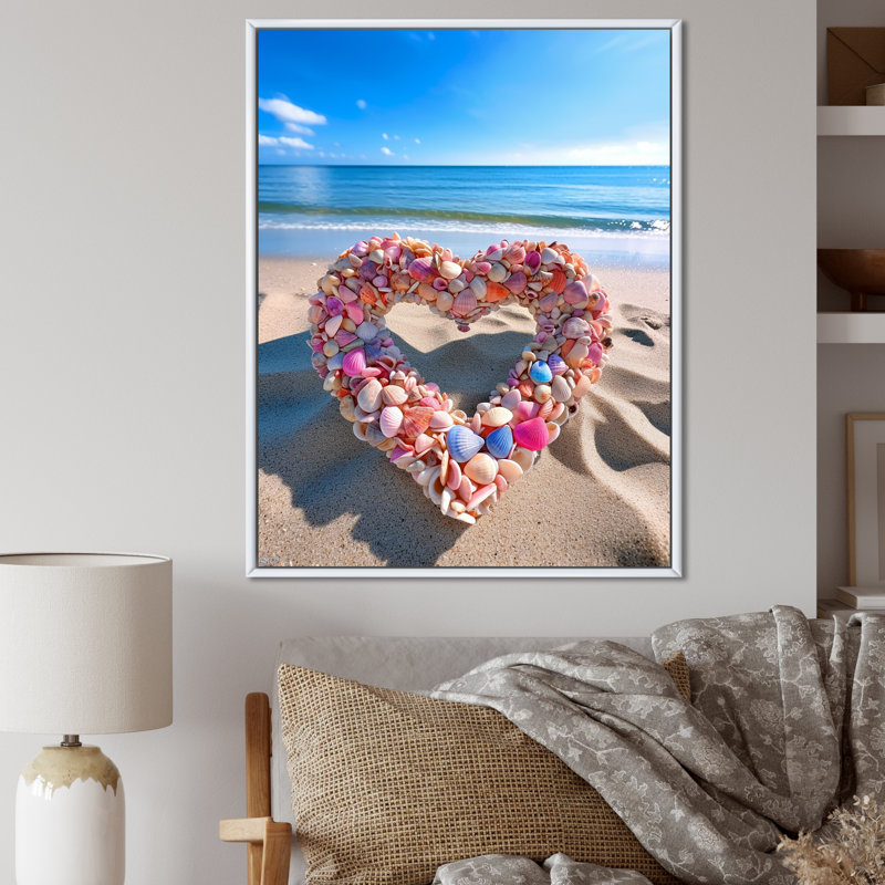 Glorieux cœur rose sur une plage tropicale I, Cadre flottant blanc, H 40 po x l 30 po