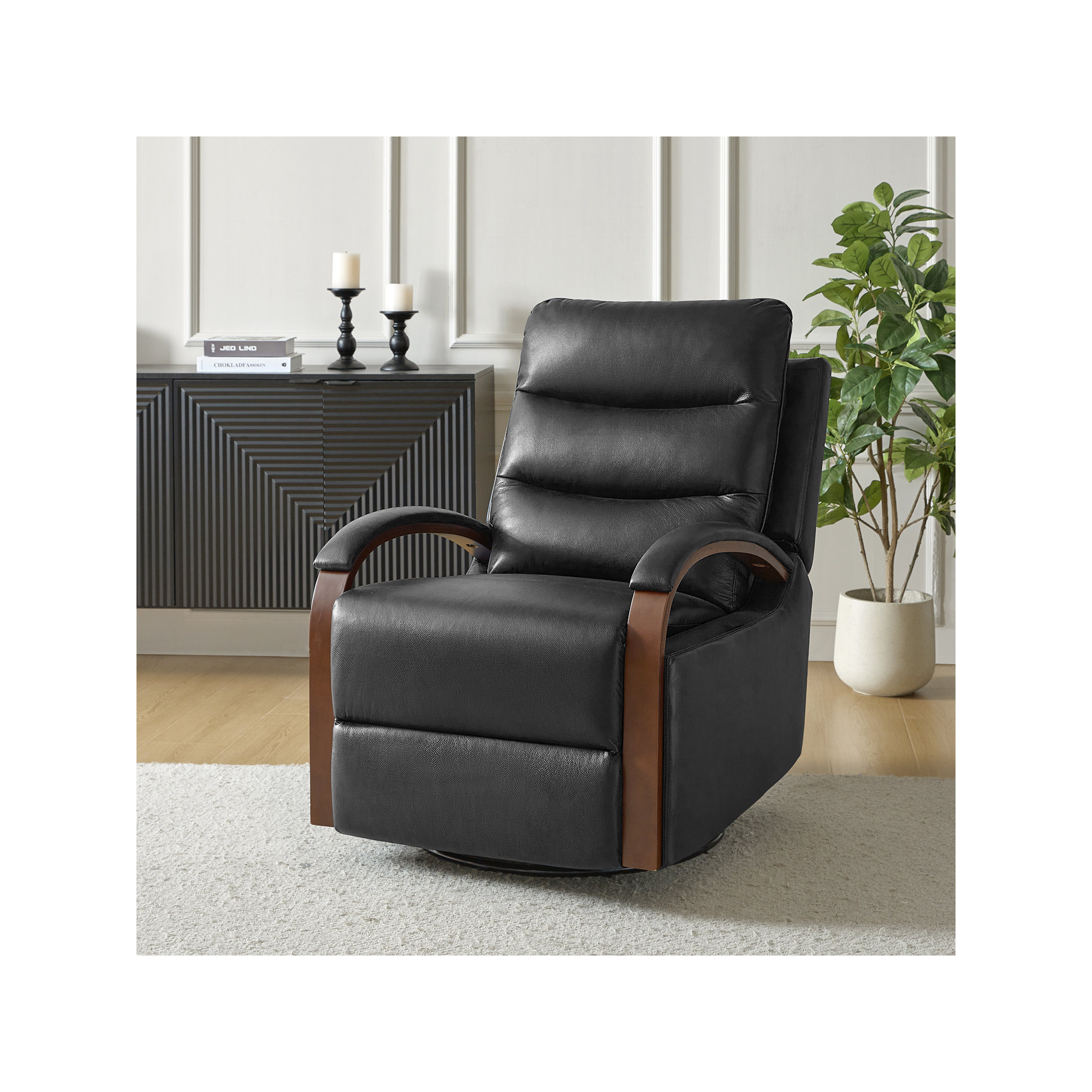 Azilda 29" Wide Genuine Leather Manual Swivel Rocking Standard Recliner, Black Genuine Leather