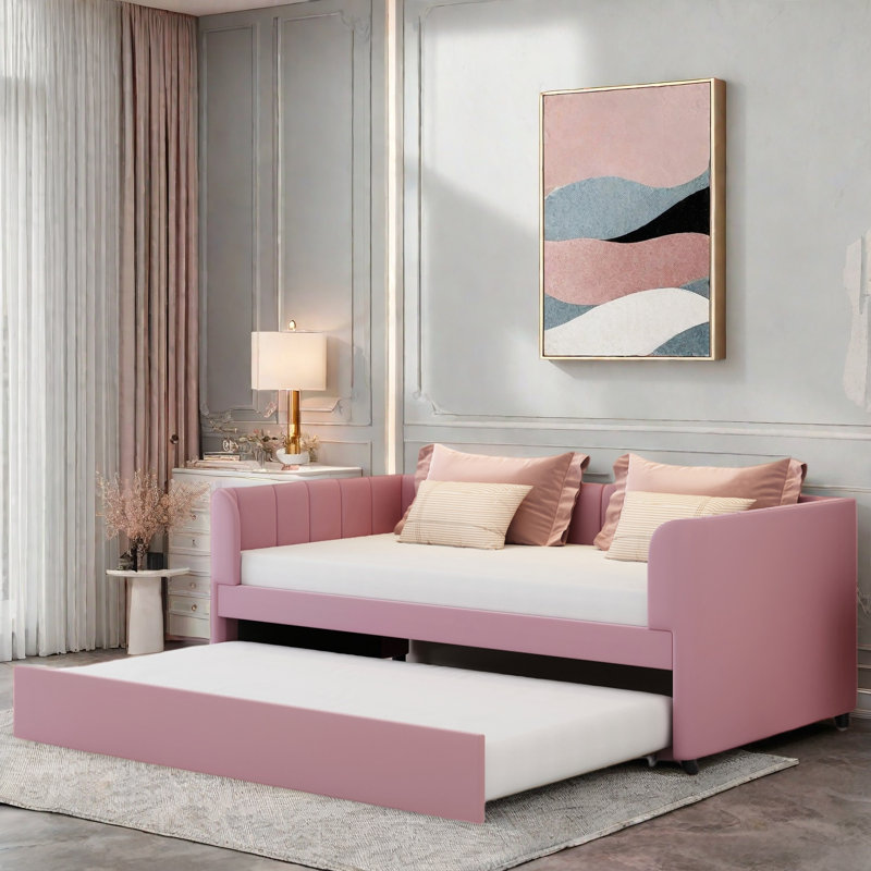 Lit de jour rembourré avec dossier ergonomique et lit gigogne, Rose