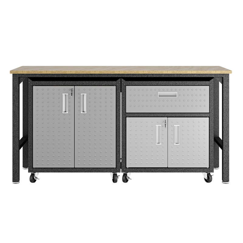 Établi avec rangement 72,4 po Fortress et 2 armoires de rangement mobiles gris foncé, Gris