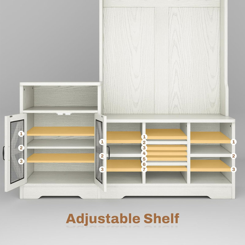 Embossed White Hall Tree with Bench and Storage Shelves