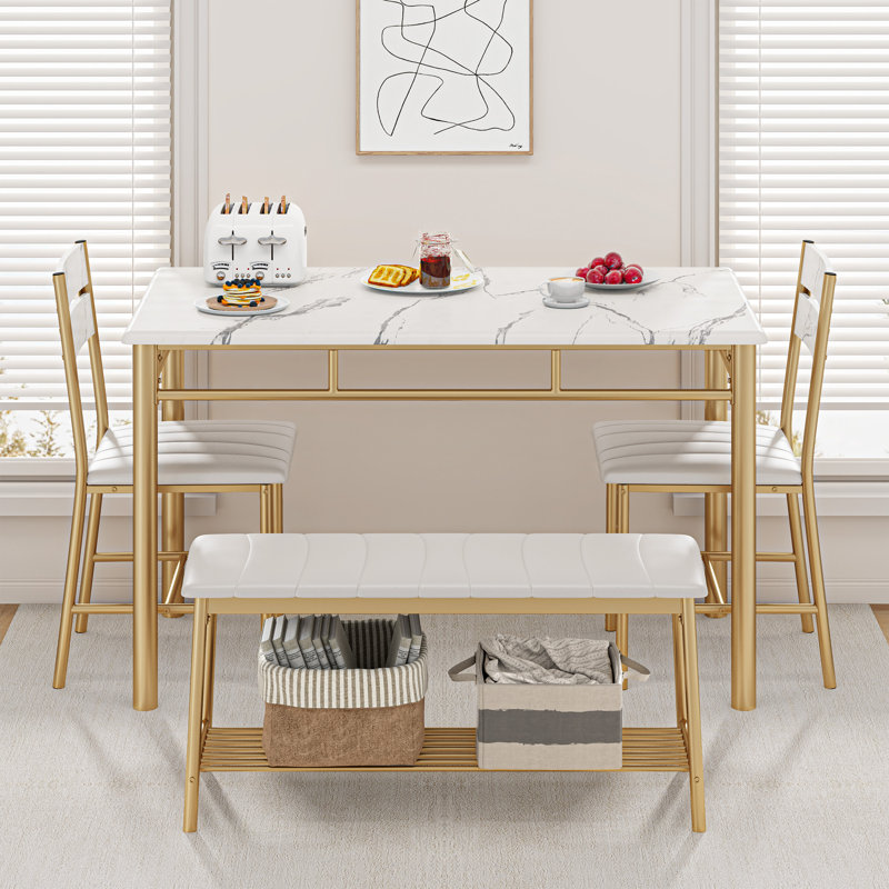 4-Piece Dining Table Set For 4, Kitchen Table With Pu Upholstered Bench and 2 Dining Chairs, White