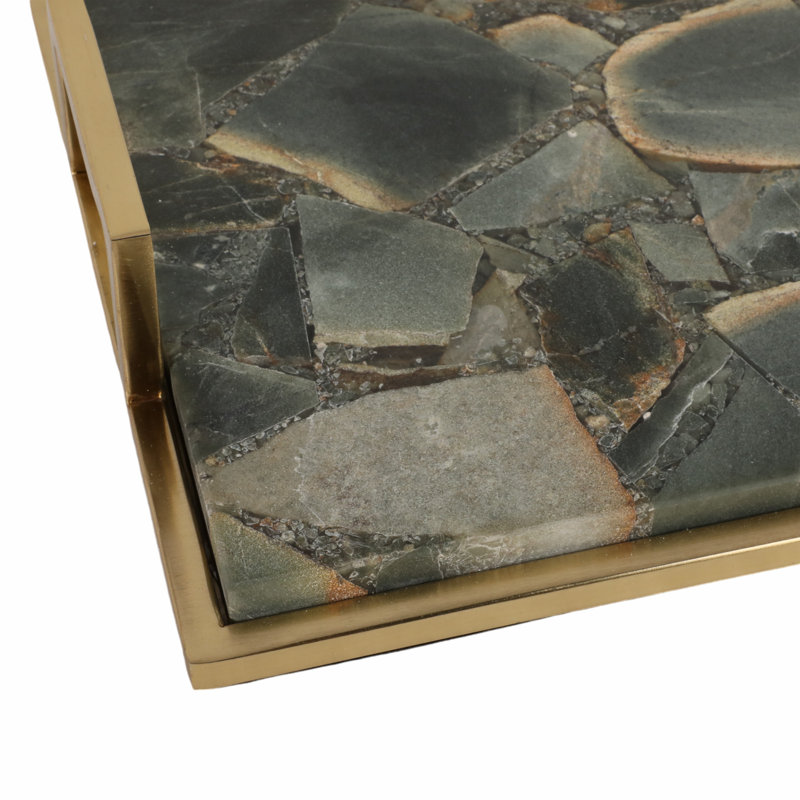 Decorative Rectangular Agate Tray for Ottoman & Coffee Table Decor - Elegant Metal Handled Accent for Home Kitchen or Jewelry Display - Green & Gold
