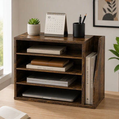 Literature Organizer, 4 Compartments Office Mailbox with Detachable Shelves, Wooden Mailbox Sorter with Side Vertical Storage, Countertop Office Home Organizer for File, Document, Paper, Brown