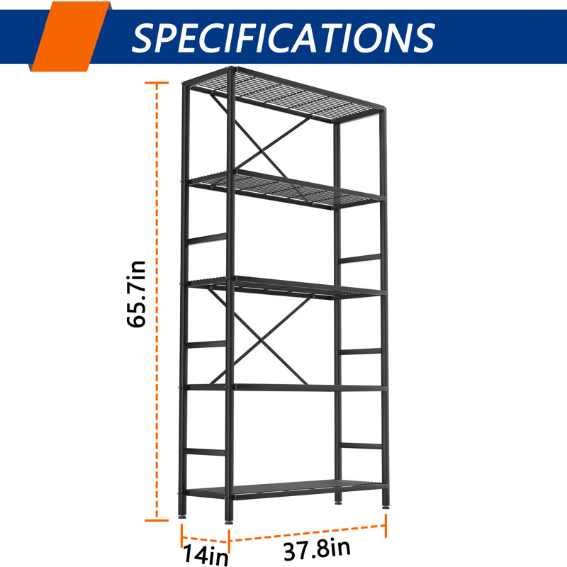Étagère de rangement à 5 fils en métal, 65.7" H x 37.8" W x 14" D, Noir mat