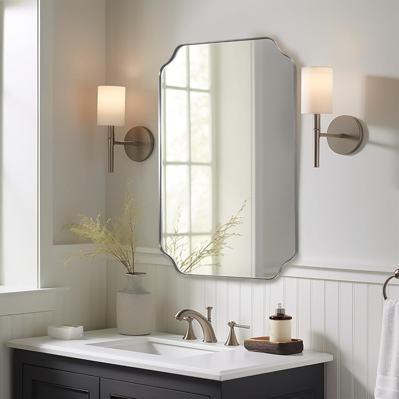 Modern Scalloped Corner Rectangle Bathroom Vanity Mirror | Stainless Steel Frame, 36" x 24", Brushed Nickel