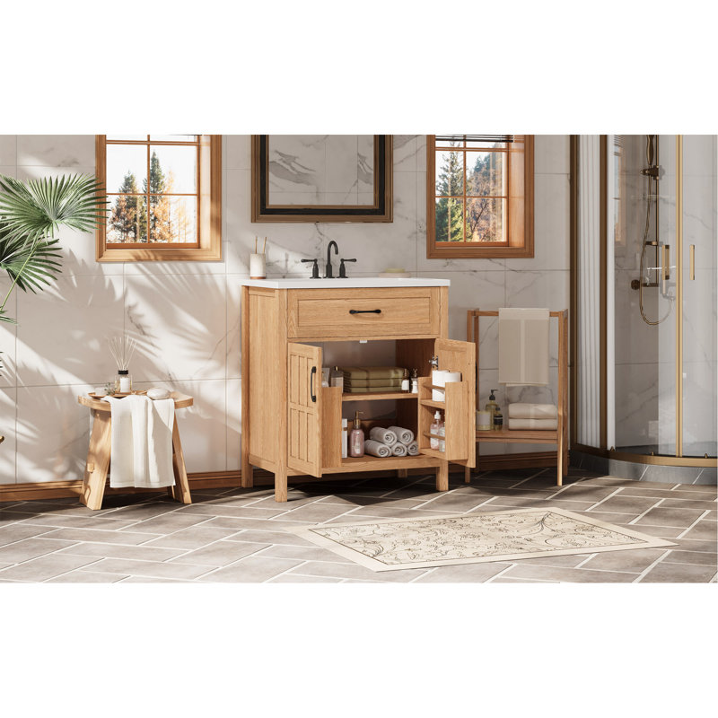 Meuble-lavabo de 30 po avec lavabo en résine, meuble-lavabo à cadre en bois massif avec tablette réglable, organisateurs de porte d'armoire, grain de bois naturel
