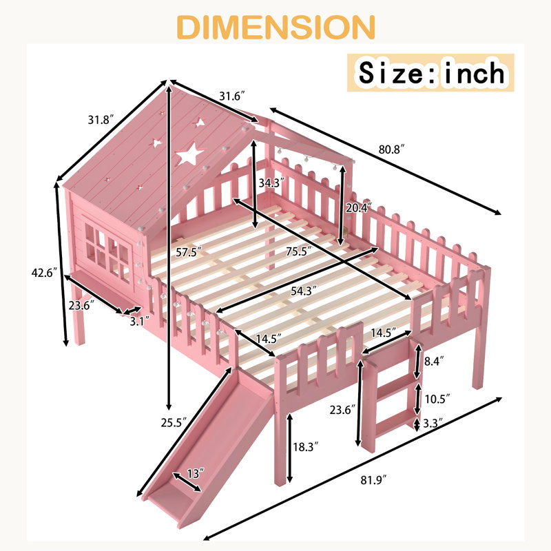 House Loft Bed With Slide,Playhouse Bed With Star Moon-Shaped Designs And Window, Chic Design With LED Lights,No Box Spring Needed