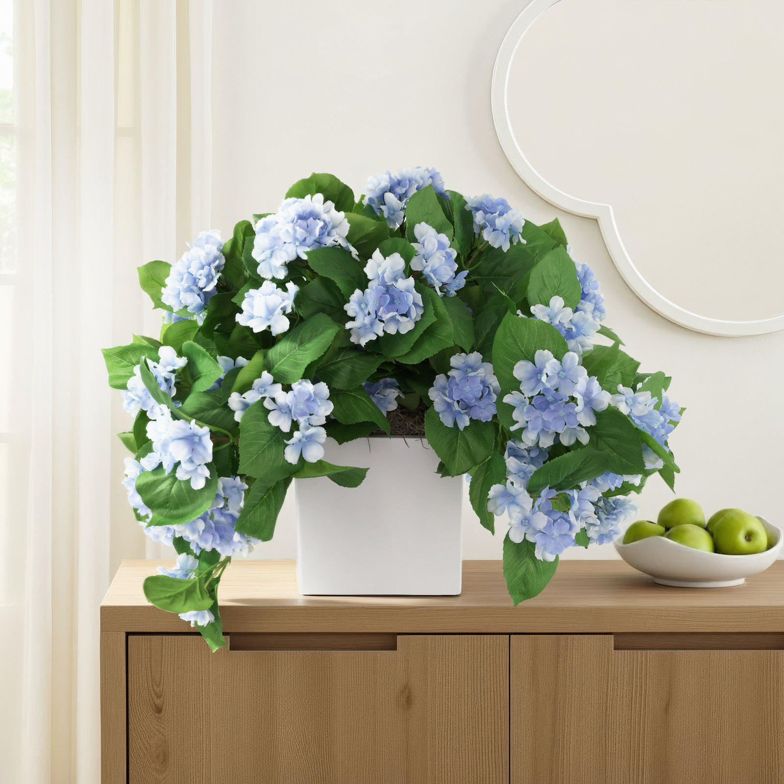 Outdoor UV Hydrangeas Arranged in Fiberstone Pot, Blue