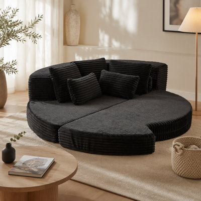 78.5-Inch Corduroy Semi-Circular 2-in-1 Sofa Bed,with Neck Pillow and Five Throw Pillows in Living Room