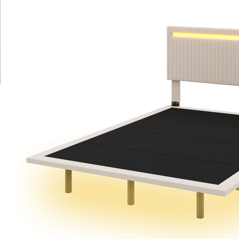 Structure de lit flottante moderne avec éclairage à DEL, Beige, Double