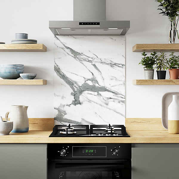 White Marble Aluminium  Kitchen Splashback, White/Grey, 80 cm x 60 cm 