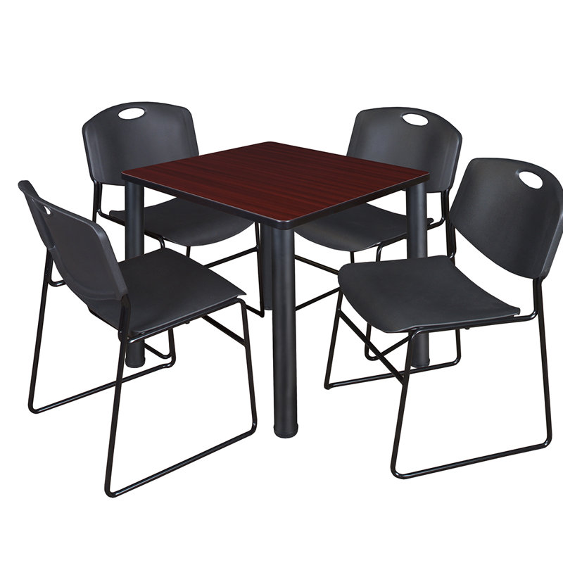 Plateau de table Kee Square, 4 chaises empilables Zeng, H 29 po x l 30 po x P 30 po, Acajou / Noir, Noir