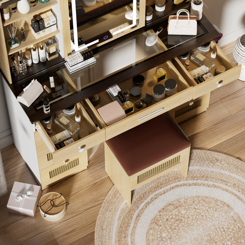 Farmhouse Vanity Desk Makeup Vanity Table Set, Brown