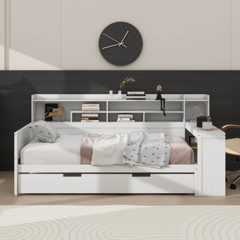 Wooden Twin-Size Daybed With Integrated Storage Shelves, Twin Trundle And Built-In Study Desk, Twin, Antique White
