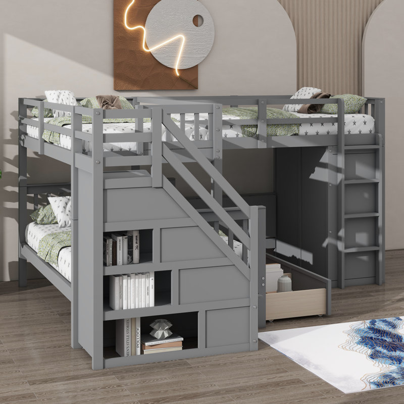 Lit superposé en forme de L avec lit simple simple sur le dessus d'un lit double, livré avec 3 tiroirs, un bureau mobile et un placard