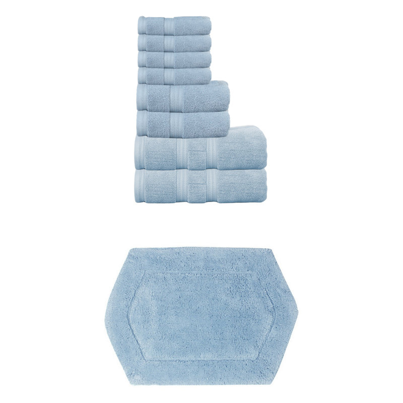 Bryd Collection 100% Soft Cotton 8 Pc Bath Towel Set & 1 Pc 17x24" Bath Rug, (Set of 9), Blue