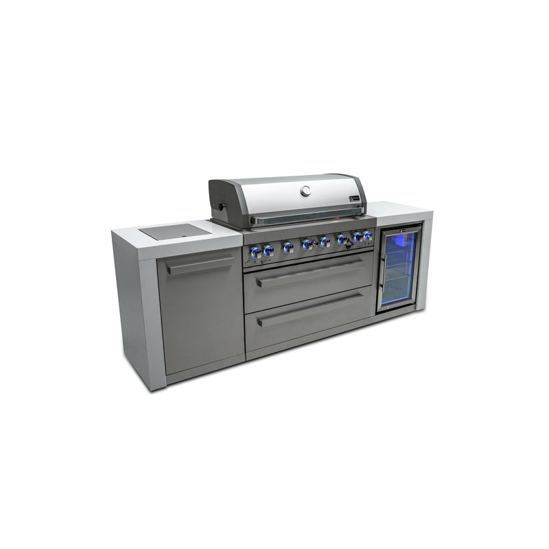Îlot de cuisine de luxe en acier inoxydable de luxe Mont Alpi l 94 po x P 23 po x H 46 po avec réfrigérateur et barbecue à 6 brûleurs de 44 po + brûleur latéral + comptoirs en granite + armoires et tiroirs de rangement + couvercle + convertible au gaz naturel + Garantie à vie