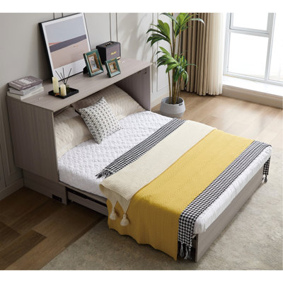 [Vidéo fournie] Lit armoire avec rangement, grand lit, matelas en mousse pliable et tiroirs surdimensionnés, lit escamotable, ensemble de douilles et ports USB, lit escamotable pliant peu encombrant, gris