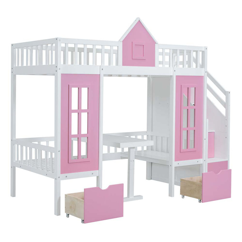 Lit superposé avec tiroirs Jenaia Kids, Simple sur simple, Rose