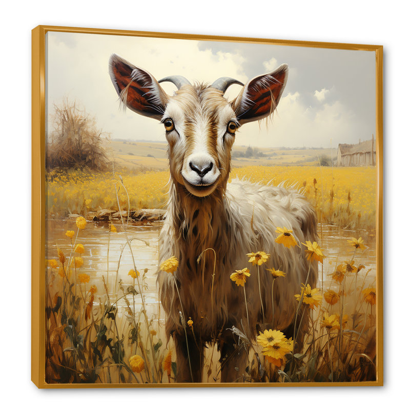 «Meadow Goats Glee», art mural toile de chèvre_106796, Cadre flottant doré, H 36 po x l 36 po x P 1,5 po