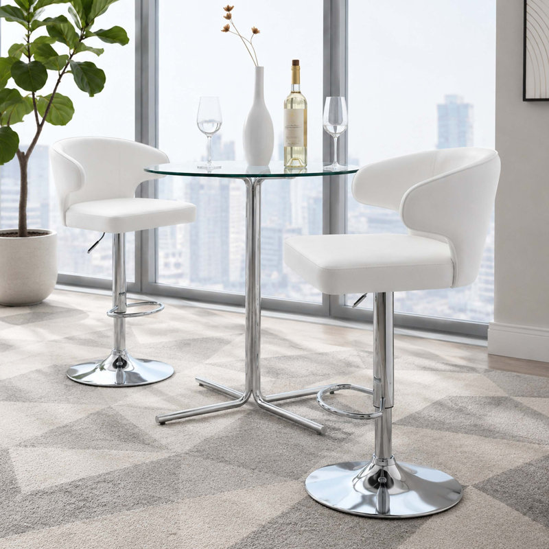 Ensemble de table de bar moderne 3 pièces avec tabourets pivotants, plateau en verre trempé, hauteur réglable, capacité de 300 lb et base de protection du sol pour la cuisine ou le salon.
