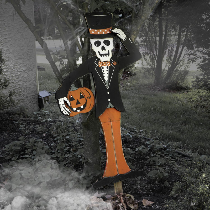 46" Painted Skeleton Holding Pumpkin Wooden Yard Stake