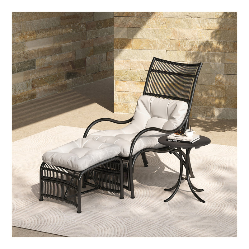 3 Pieces Wicker Outdoor Patio Furniture Set with Lounge Chair, Balcony Chairs Table Set with Cushions, Ottoman, Patio Conversation Sets for Garden ,Deck,and Porch, Beige