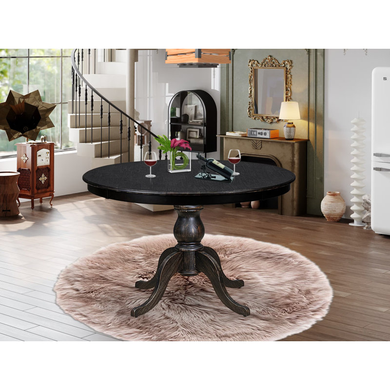 Table de cuisine en bois avec plateau rond en bois d'acacia et base piédestal élégante - Finition noire sablée, Noir sablé