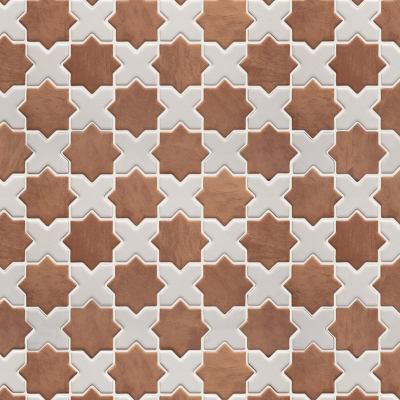 Sentier Des Cotto Star W/Cross 11-7/8 In. X 11-7/8 In. Porcelain Mosaic Tile, Brown/White