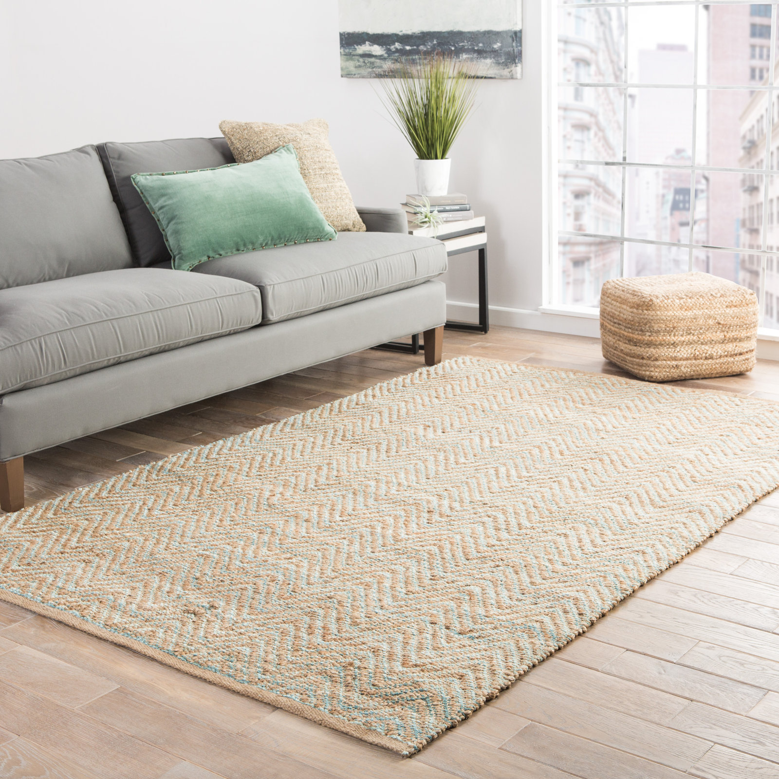 Caroline Tan Hand-Woven Chevron Rug, Rectangle 6' x 9'