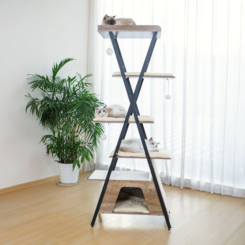 Arbre à chat 73 po moderne - Poteaux à gratter, grottes et perchoir en bois