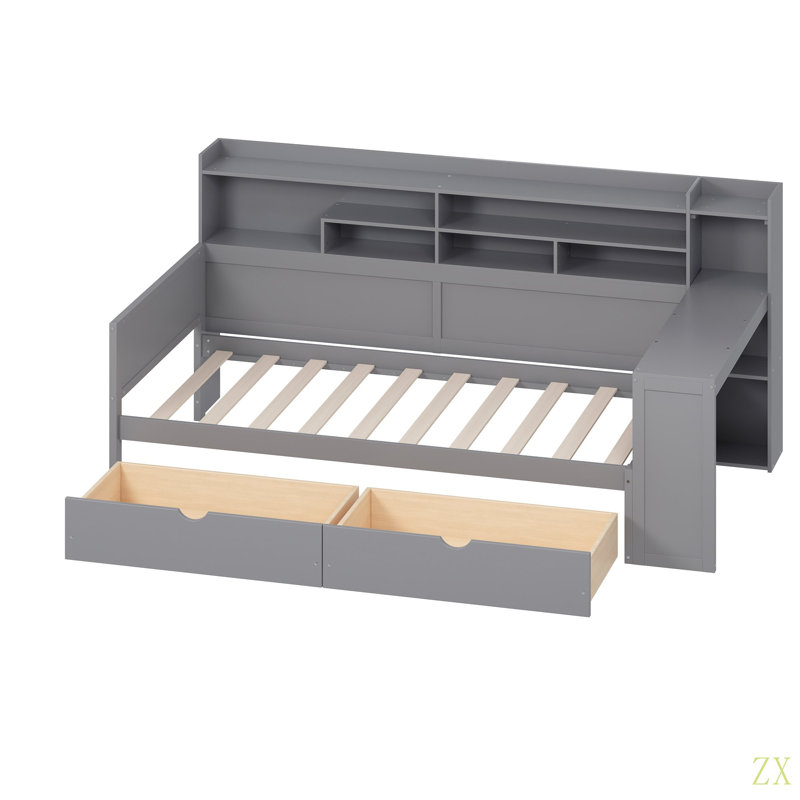 Wooden Twin Size Daybed With Storage Shelves, Multi-Functional Bed With Two Storage Drawers And  Study Desk, Twin