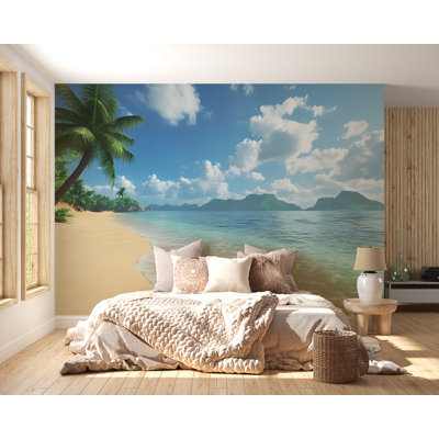 Papier peint plage tropicale - palmiers, eaux et ciels de cristal, paysage océanique paradisiaque pour salon, bureau ou inspiration de voyage