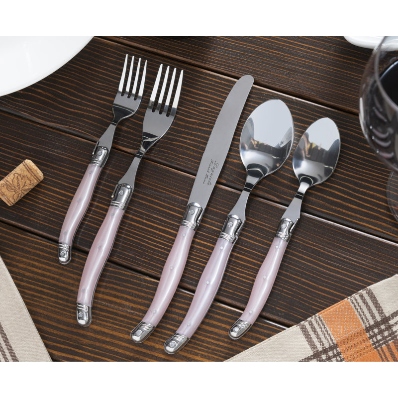 French Home Laguiole Stainless Steel Flatware Set, Service For 4 Pearl White, Light Pink