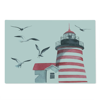 Ambesonne Lighthouse Cutting Board Large Size Seagulls Beach Sea Red Grey White