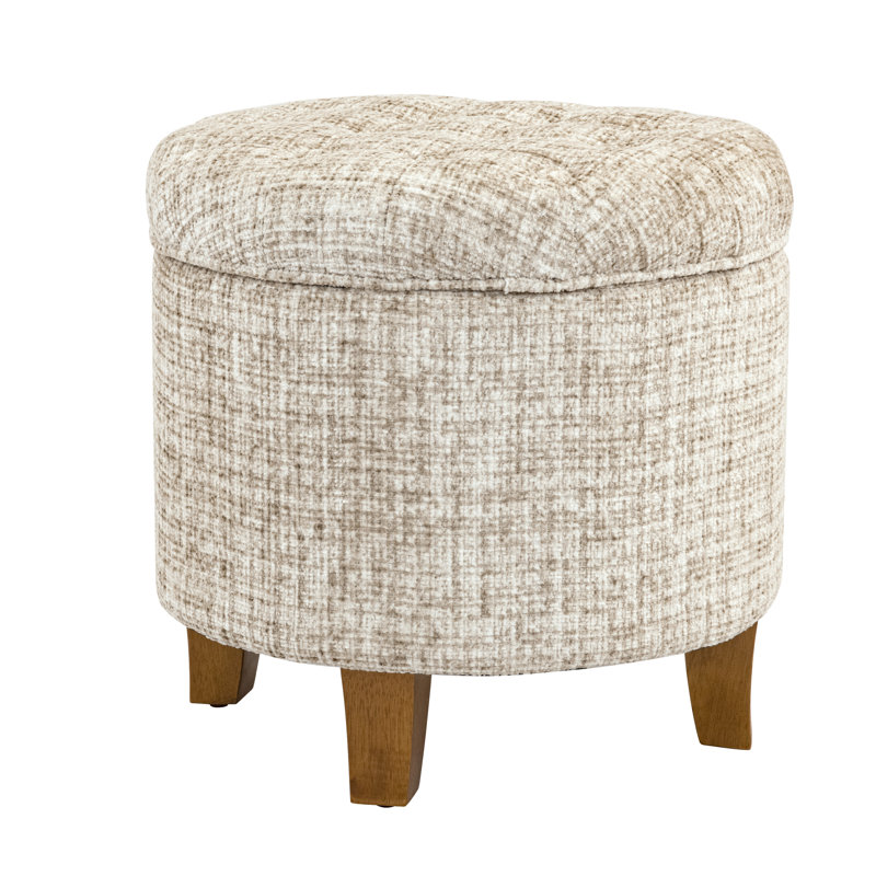 Round Button-Tufted Storage Ottoman, Cream Woven Polyester Blend