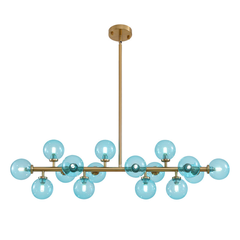 16 - Light Dimmable Blue Globe Glass Sputnik Modern Linear Chandelier, Blue