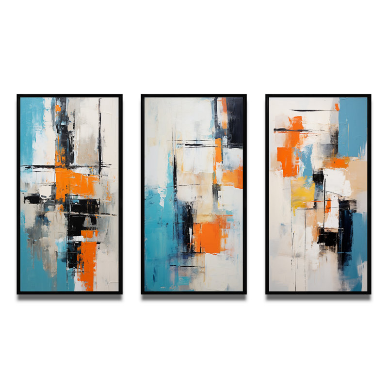 Cubist Visions Deconstrstruction Minimalisme II - Ensemble de 3 peintures abstraites, Cadre flottant noir, H 28 po x l 36 po
