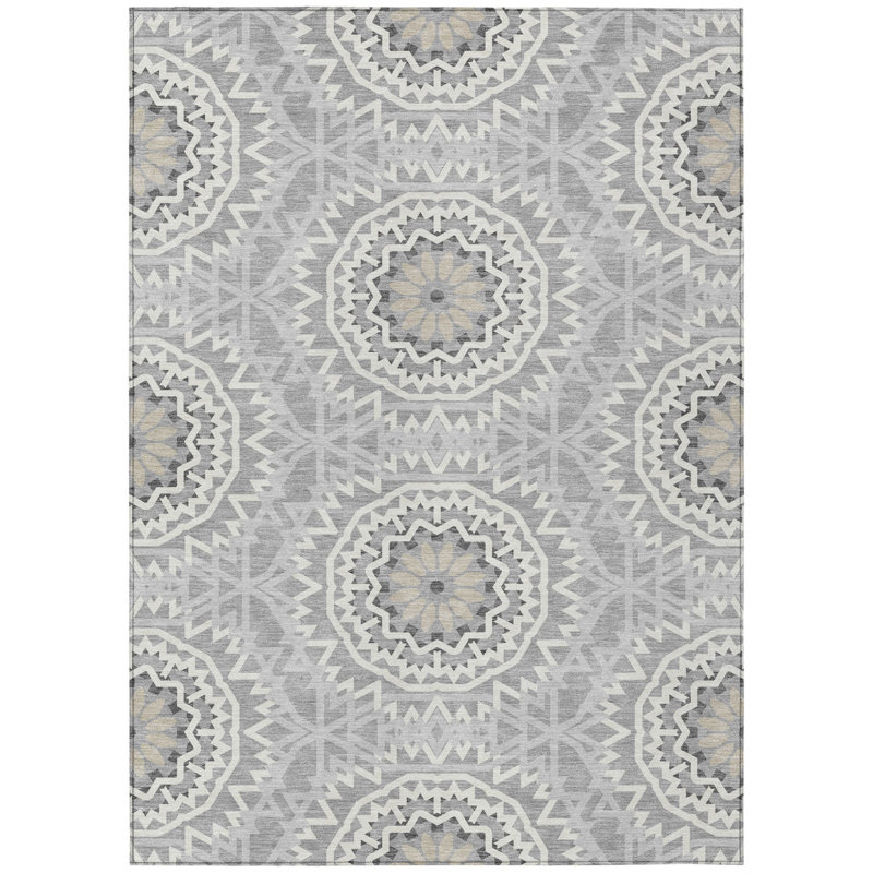 3' X 5' Gray Silver And Ivory Floral Medallion Washable Indoor Outdoor Area Rug
