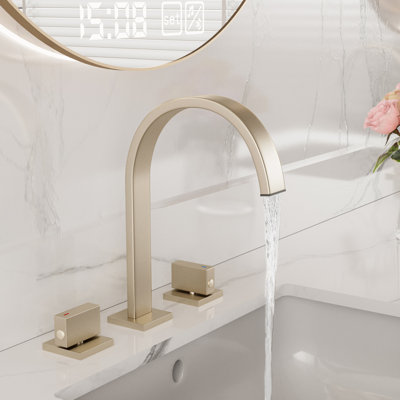 8" Widespread 3-Hole Bathroom Faucet With Brushed Gold Finish, Dual Square Handles & Removable Aerator
