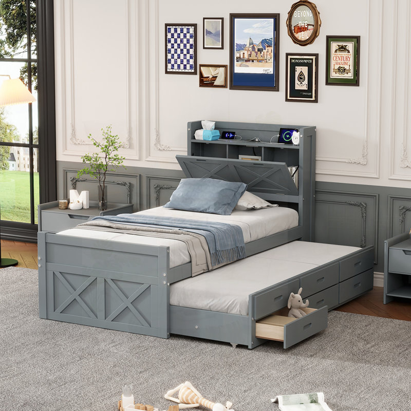 Lit simple en bois avec tête de lit, prises de courant et lit gigogne extensible simple avec trois tiroirs, Simple